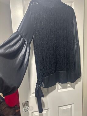 Black Lace Front Tie Hem Blouse - Women's Top